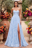 Blue A-Line Floral Beaded Strapless Long Prom Dress with Slit