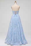 Blue A-Line Floral Beaded Strapless Long Prom Dress with Slit