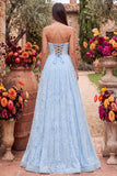 Blue A-Line Floral Beaded Strapless Long Prom Dress with Slit