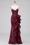 Burgundy Sequins Mermaid Strapless Maxi Dress with Ruffle Slit