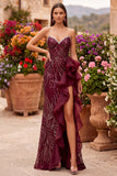 Burgundy Sequins Mermaid Strapless Long Prom Dress with Ruffle Slit