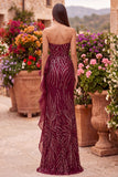 Burgundy Sequins Mermaid Strapless Maxi Dress with Ruffle Slit
