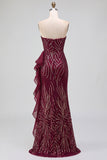 Burgundy Sequins Mermaid Strapless Maxi Dress with Ruffle Slit