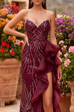 Burgundy Sequins Mermaid Strapless Maxi Dress with Ruffle Slit