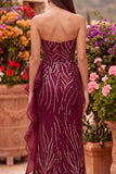 Burgundy Sequins Mermaid Strapless Maxi Dress with Ruffle Slit