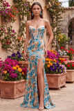 Blue Floral Sequins Corset Mermaid Strapless Long Prom Dress with Slit