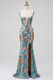 Blue Floral Sequins Corset Mermaid Strapless Long Prom Dress with Slit