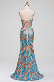 Blue Floral Sequins Corset Mermaid Strapless Long Prom Dress with Slit