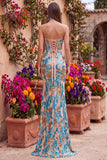 Blue Floral Sequins Corset Mermaid Strapless Long Prom Dress with Slit