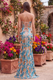 Blue Floral Sequins Corset Mermaid Strapless Long Prom Dress with Slit