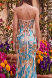 Blue Floral Sequins Corset Mermaid Strapless Long Prom Dress with Slit