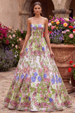 Pink Flower Embroidery Strapless A-Line Long Prom Dress