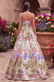 Pink Flower Embroidery Strapless A-Line Long Prom Dress