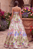 Pink Flower Embroidery Strapless A-Line Long Prom Dress