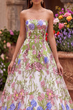Pink Flower Embroidery Strapless A-Line Long Prom Dress