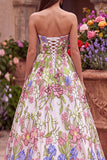 Pink Flower Embroidery Strapless A-Line Long Prom Dress