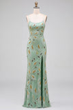 Green Beaded Sheath Spaghetti Straps Long Prom Dress with Lace Up Back