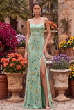 Green Beaded Sheath Spaghetti Straps Long Prom Dress with Lace Up Back