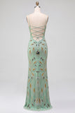 Green Beaded Sheath Spaghetti Straps Long Prom Dress with Lace Up Back