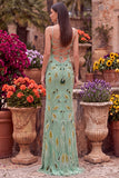 Green Beaded Sheath Spaghetti Straps Long Prom Dress with Lace Up Back