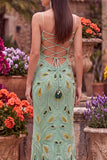 Green Beaded Sheath Spaghetti Straps Long Prom Dress with Lace Up Back