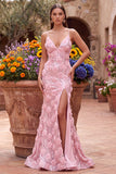 Pink Sequins Mermaid 3D Floral Appliques Spaghetti Straps Long Prom Dress with Slit