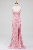 Pink Sequins Mermaid 3D Floral Appliques Spaghetti Straps Long Prom Dress with Slit