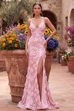Pink Sequins Mermaid 3D Floral Appliques Spaghetti Straps Long Prom Dress with Slit