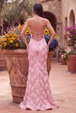 Pink Sequins Mermaid 3D Floral Appliques Spaghetti Straps Long Prom Dress with Slit