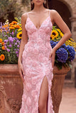 Pink Sequins Mermaid 3D Floral Appliques Spaghetti Straps Long Prom Dress with Slit