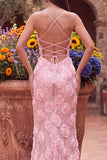 Pink Sequins Mermaid 3D Floral Appliques Spaghetti Straps Long Prom Dress with Slit