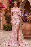 Off the Shoulder Mermaid Floral Embroidery Pink Prom Dress with Side Slit