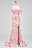 Off the Shoulder Mermaid Floral Embroidery Pink Prom Dress with Side Slit