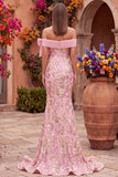 Off the Shoulder Mermaid Floral Embroidery Pink Prom Dress with Side Slit