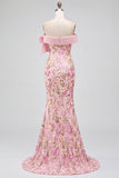 Off the Shoulder Mermaid Floral Embroidery Pink Prom Dress with Side Slit