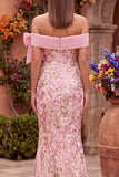 Off the Shoulder Mermaid Floral Embroidery Pink Prom Dress with Side Slit