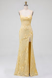 Yellow Cowl Neck Mermaid Floral Embroidery Spaghetti Straps Long Prom Dress with Slit