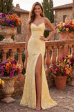 Yellow Cowl Neck Mermaid Floral Embroidery Spaghetti Straps Long Prom Dress with Slit