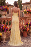 Yellow Cowl Neck Mermaid Floral Embroidery Spaghetti Straps Long Prom Dress with Slit
