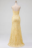 Yellow Cowl Neck Mermaid Floral Embroidery Spaghetti Straps Long Prom Dress with Slit