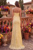 Yellow Cowl Neck Mermaid Floral Embroidery Spaghetti Straps Long Prom Dress with Slit