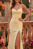 Yellow Cowl Neck Mermaid Floral Embroidery Spaghetti Straps Long Prom Dress with Slit