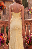 Yellow Cowl Neck Mermaid Floral Embroidery Spaghetti Straps Long Prom Dress with Slit