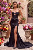 Satin Black Mermaid Cut Out Corset Beaded Strapless Maxi Dress with Side Slit