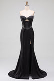 Satin Black Mermaid Cut Out Corset Beaded Strapless Maxi Dress with Side Slit