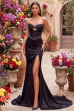 Satin Black Mermaid Cut Out Corset Beaded Strapless Prom Dress with Side Slit