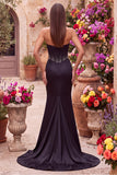 Satin Black Mermaid Cut Out Corset Beaded Strapless Maxi Dress with Side Slit
