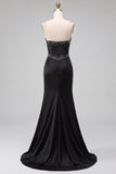 Satin Black Mermaid Cut Out Corset Beaded Strapless Maxi Dress with Side Slit