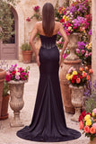 Satin Black Mermaid Cut Out Corset Beaded Strapless Prom Dress with Side Slit