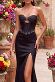 Satin Black Mermaid Cut Out Corset Beaded Strapless Prom Dress with Side Slit